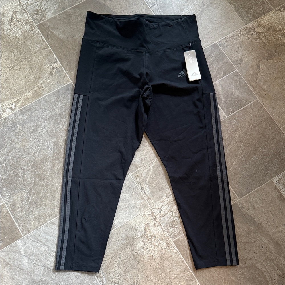 Adidas ladies Black Leggings with charcoal Stripes NWT